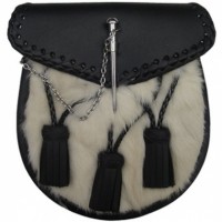 Rabbit Fur Sporran. It has 3 leather tassels and a metal loop and pin